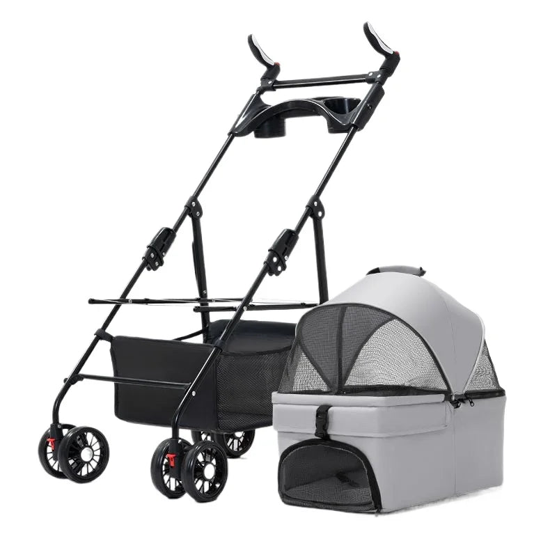 3-in-1-Hundebuggy, 4 Räder, zusammenklappbarer Haustierbuggy mit abnehmbarer Trage, atmungsaktive, sichtbare Netz-Reiseträger