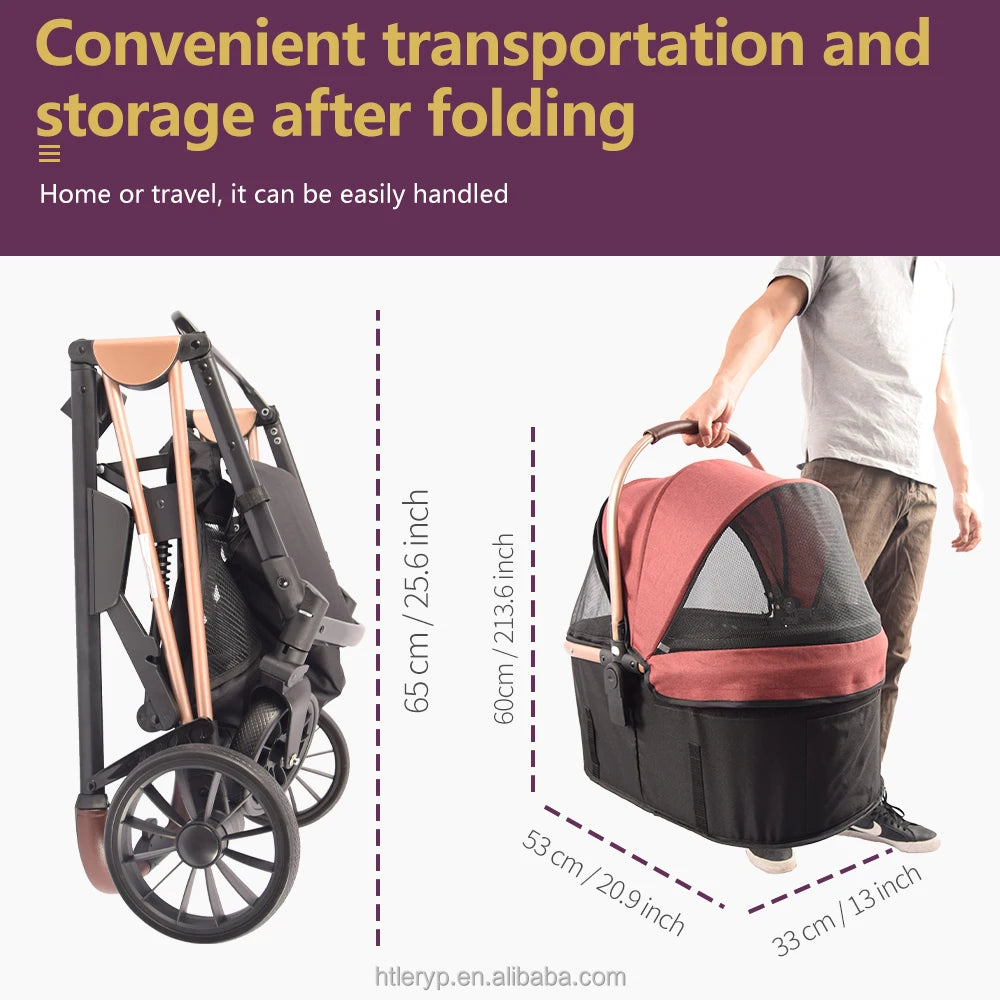 Pet Stroller With Storage Basket For Medium Large Dogs/Cats 3 In 1 Foldable Carbon Steel Alloy Detachable Carrier