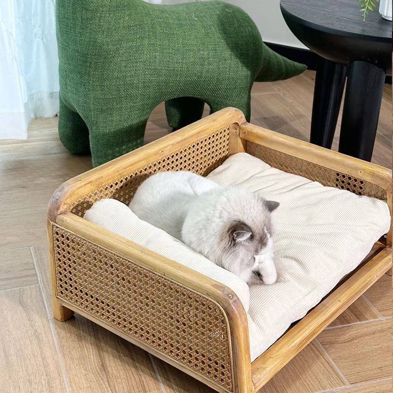 Handwoven Rattan Cat Bed Summer Breathable Pet Sofa Multi-Functional Cat Hammock Space-Saving Minimalist Lounge for Living Room