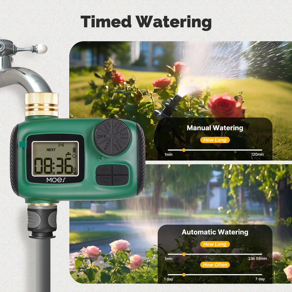 MOES Wassertimer 1-4Outlet Messingeinlass Drehknopf-Tastensteuerung mit LCD-Bildschirm Regenverzögerung Kindersicherung Gartensprinkler