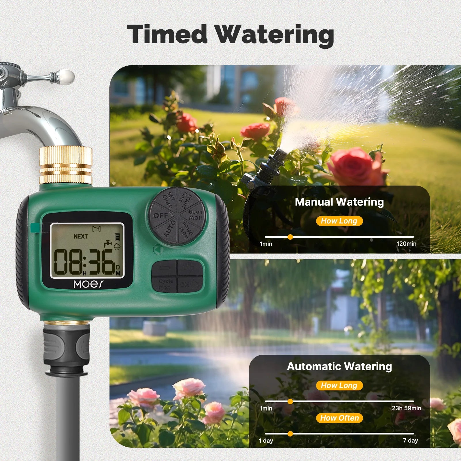 MOES Wassertimer 1-4Outlet Messingeinlass Drehknopf-Tastensteuerung mit LCD-Bildschirm Regenverzögerung Kindersicherung Gartensprinkler