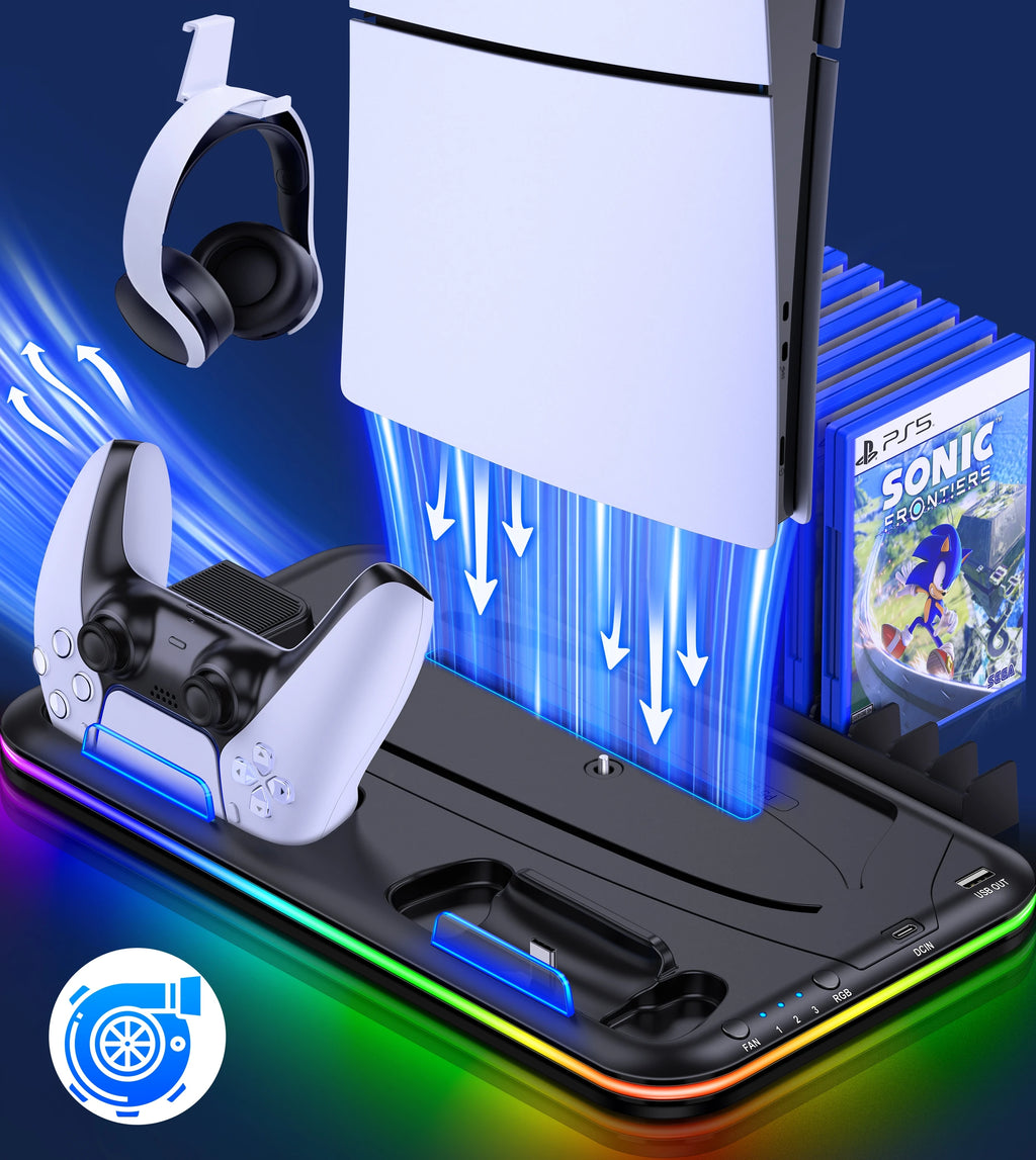 BEBONCOOL Vertical Cooling Stand for PS5 Slim Controller Charger For Sony Playstation 5  PS5 Console Headset Holder RGB Light