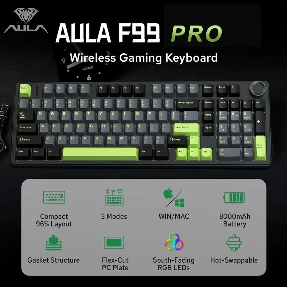 AULA F99PRO Mechanische Gaming-Tastatur, 99 Tasten, drei Modi, kabellos, Hot-Swap-fähig, Dichtungsstruktur, benutzerdefinierte Tastatur mit Medienknopf