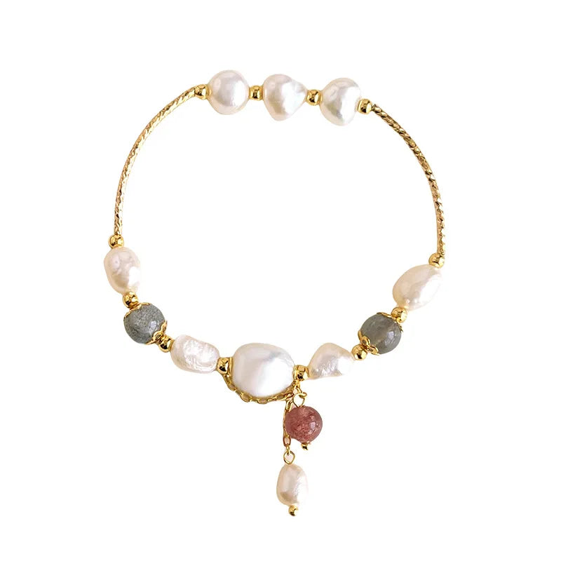 Handmade Natural Stone Freshwater Pearl Bead Chain Bracelet 18k Gold Plated Bangle Women Luxury Jewelry