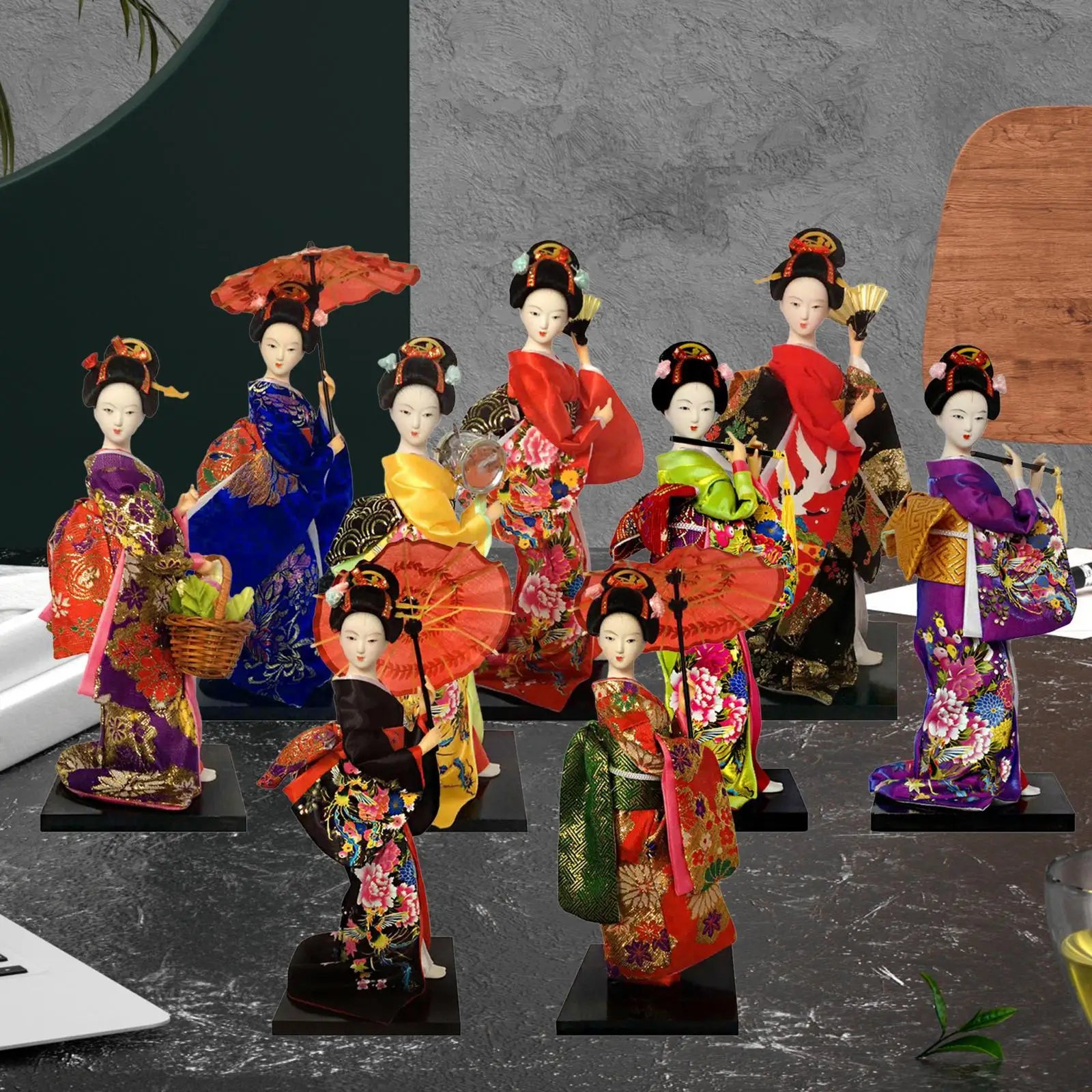 Japanese Geisha 9" Free Standing Oriental Ancient Kabuki Girl Statue Kimono Dolls Ornament for Shelf Table Home Office Decor