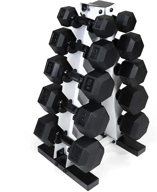 Black Handled Rubber Coated Hex Dumbbells Set 5-25Lb with Storage Rack and Non-Slip Design for Building Muscle Strength