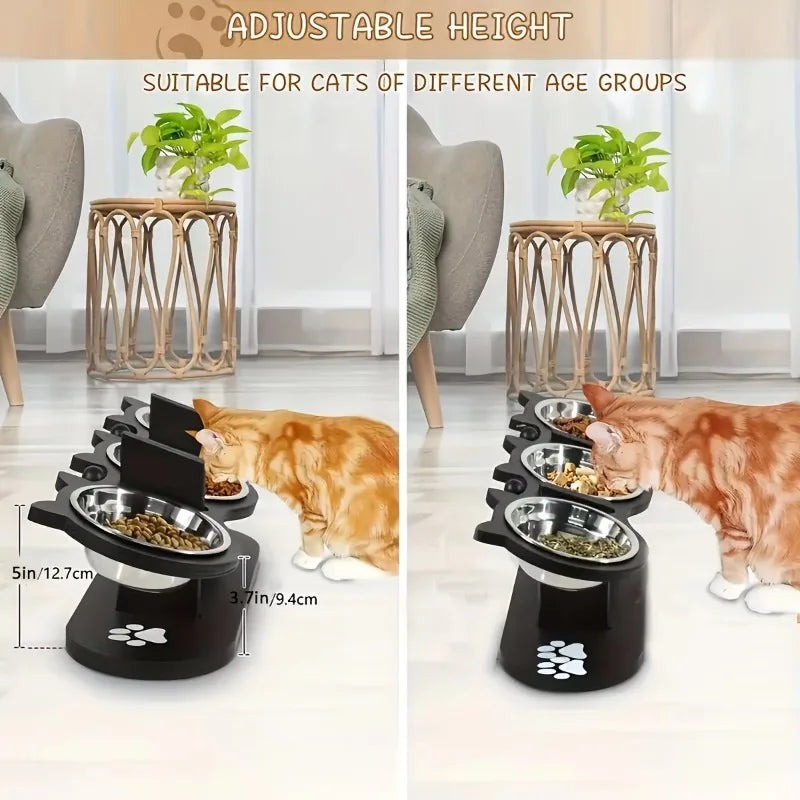 3 Bowls Wooden Elevated Cat Feeder Stand with 15 Angle Adjustable Stainless Steel Food & Water Bowls Pet Feeding