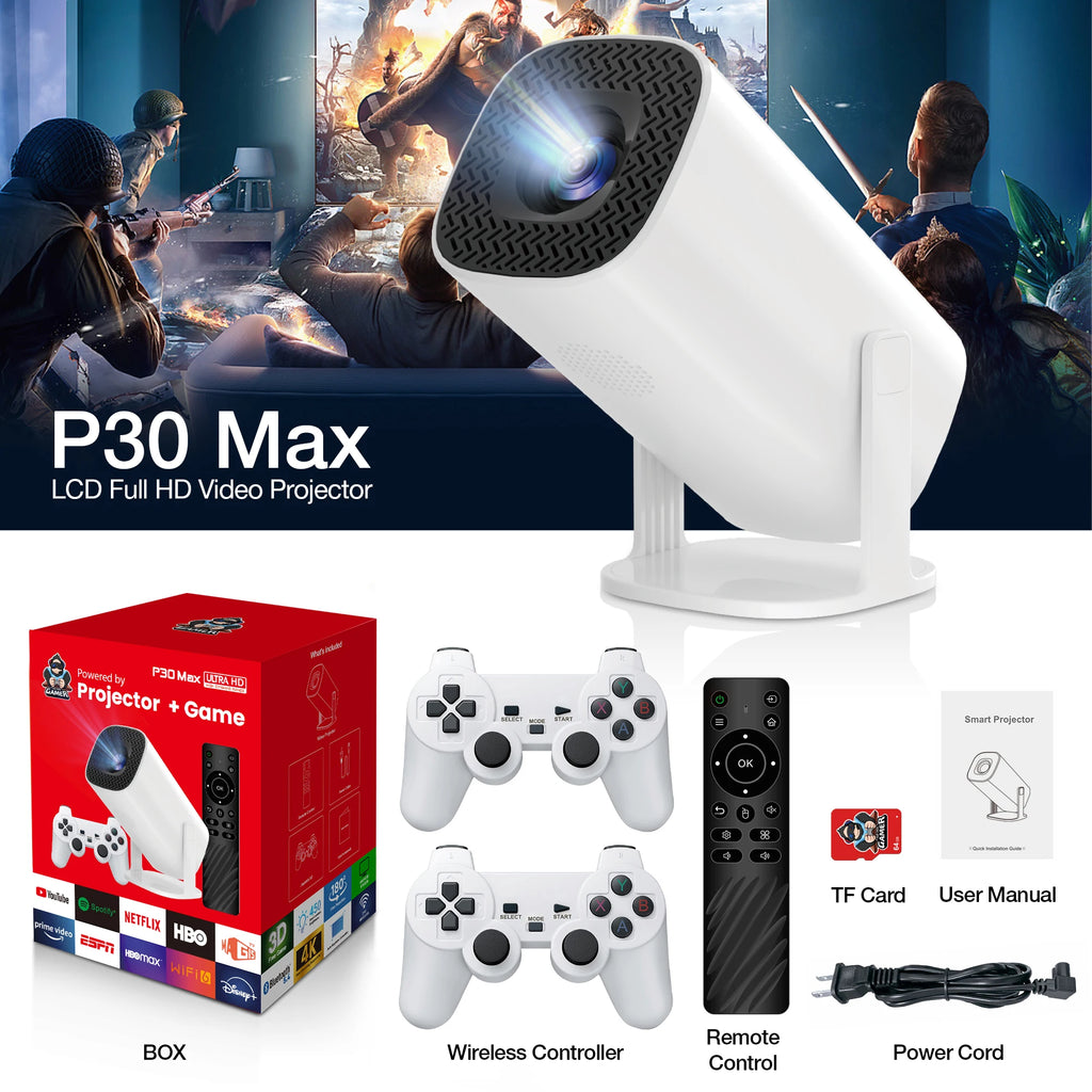 MOAO P30 Max Video Game Console Include 2 Wireless Game Controllers 3800 Games Support 4K 1080P Android11 Portable Projector