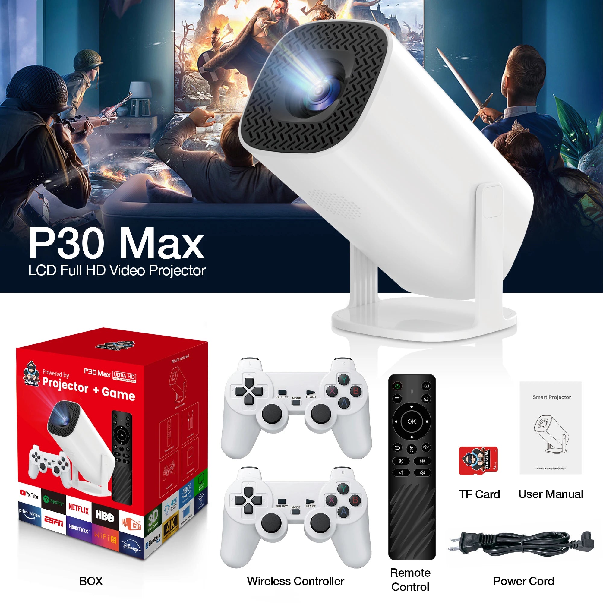 MOAO P30 Max Video Game Console Include 2 Wireless Game Controllers 3800 Games Support 4K 1080P Android11 Portable Projector