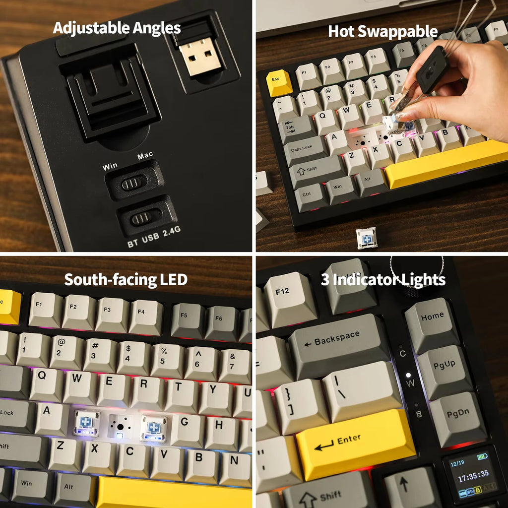Ajazz AK820 Pro 75% уплътнение, монтирана на Type-C кабелна/Bluetooth 5.1/2.4G безжична механична клавиатура с TFT екран за Win/Mac