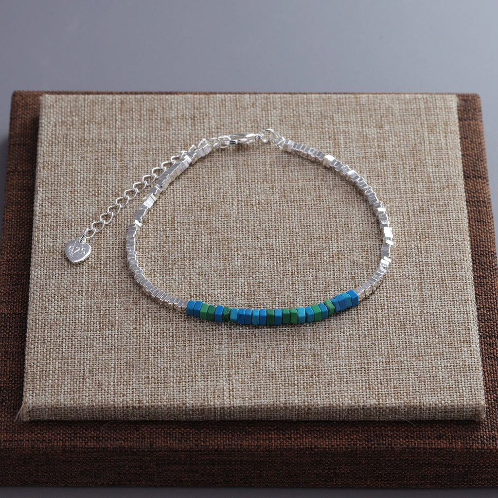 VENTFILLE 925 Sterling Silver Natural Turquoise Square Bead Bracelet For Women Gift Crushed Silver Jewelry Dropshipping