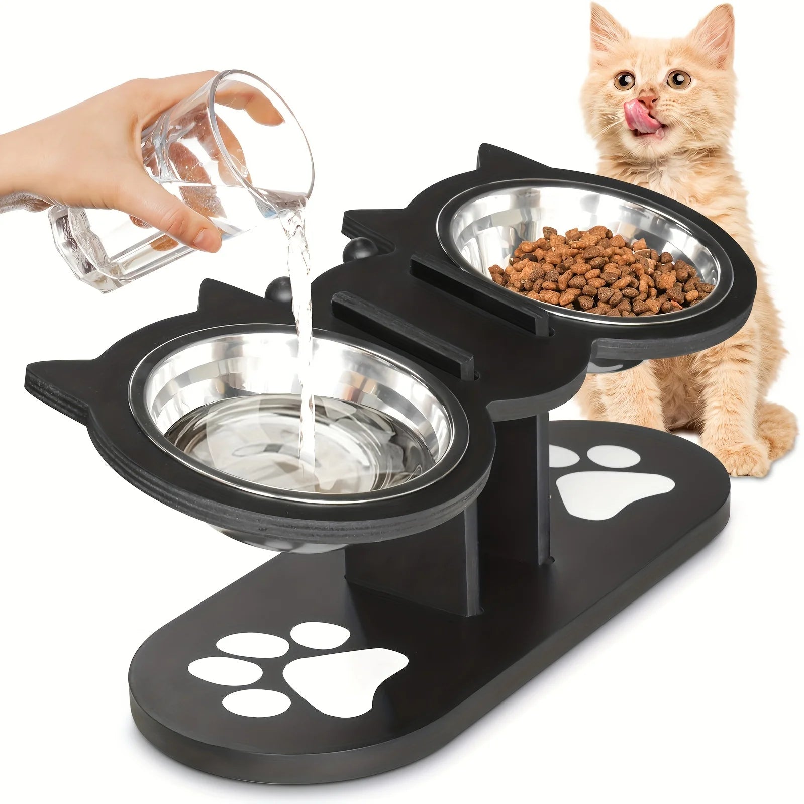 Cat 3 Bowls in 1 Feeder Feeding & Watering Supplies Food Bowl 15-Degree Tilt Raised Puppy 3 Stainless Steel Bowls Wood Brackets