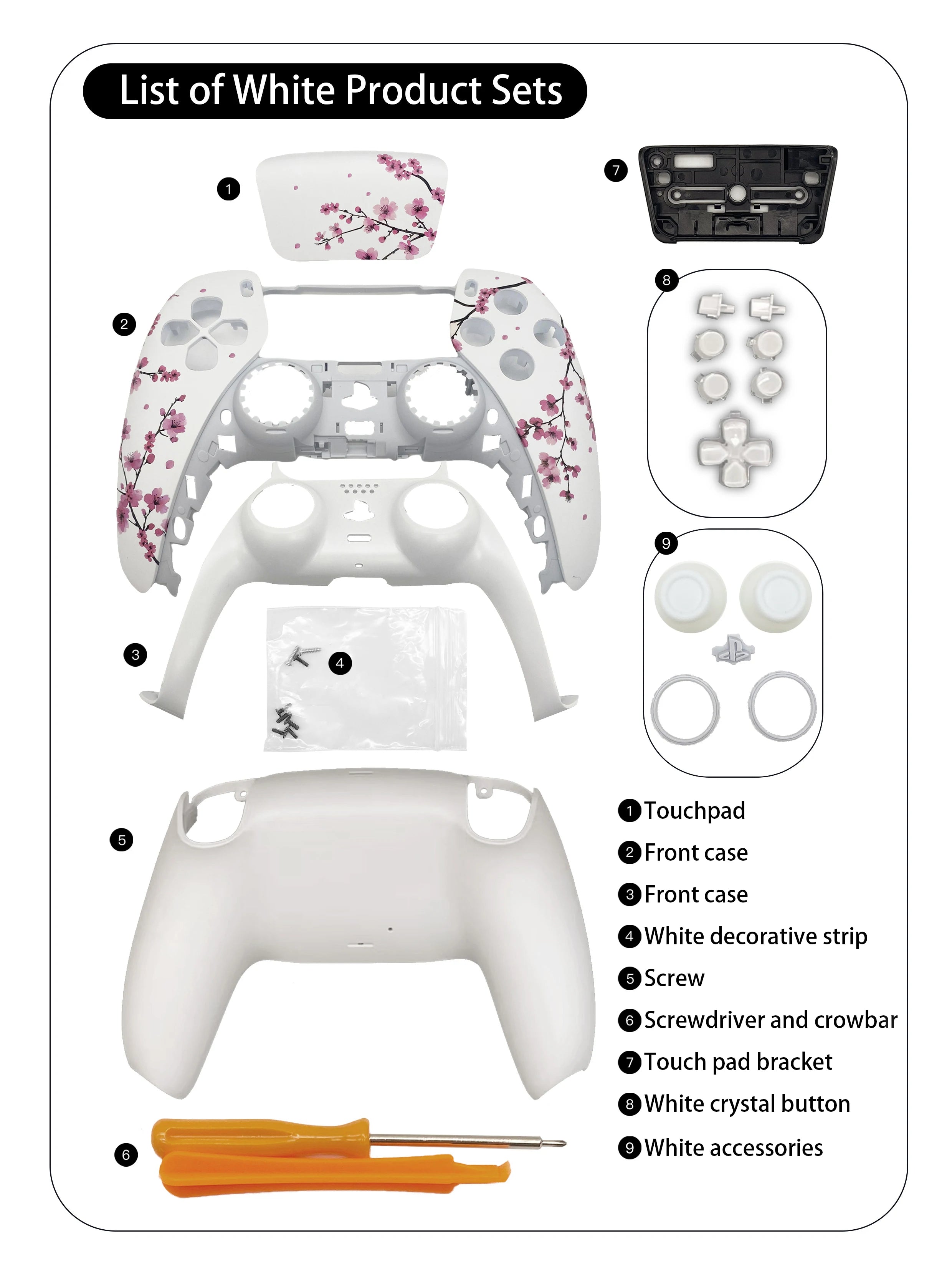 Pink Sakura PS5 Controller Shell Faceplate Cover mit Touchpad für DualSense Controller, Ersatz für BDM-010/020/030/040/050
