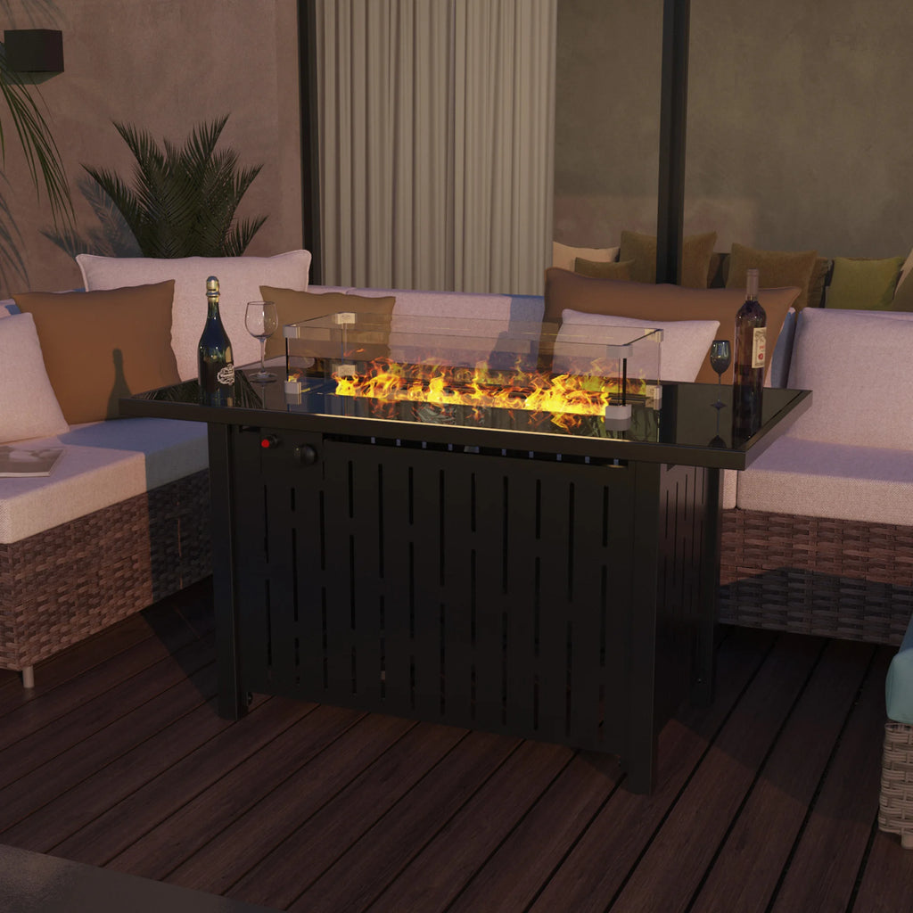 42 Zoll Gas-Feuerstellentisch, 50.000 BTU Propangas-Feuerstellen für draußen mit Stahldeckel und wasserdichter Abdeckung, 2-in-1-Feuerstellentisch