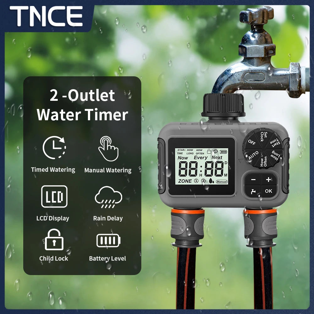 TNCE 1/2-Wege-Sprinkler-Timer, programmierbares Gartenbewässerungssystem, Bewässerungssteuerung für Rasenhof-Tropfsysteme, IPX5