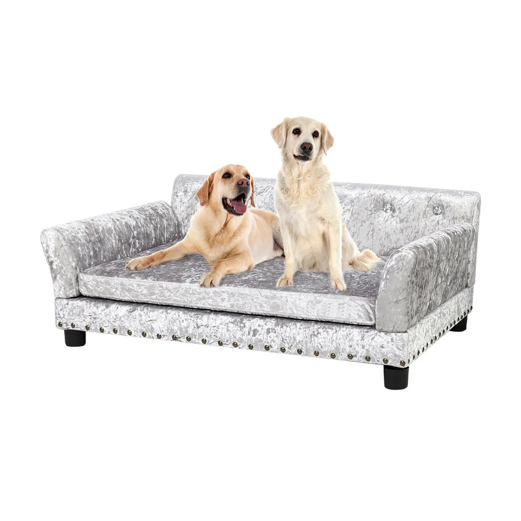 Deluxe-Hundecouchbett, silbernes holländisches Samtpolstersofa mit abnehmbarem Kissen für mittelgroße bis große Hunde