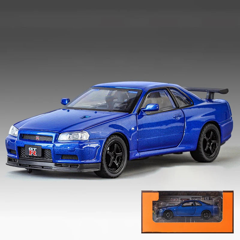 1:32 GTR R34 Skyline Street Car Version Supercar Die Casting Alloy Model Metal Car Sound Light Pull Back Mini GT Valentine's Day
