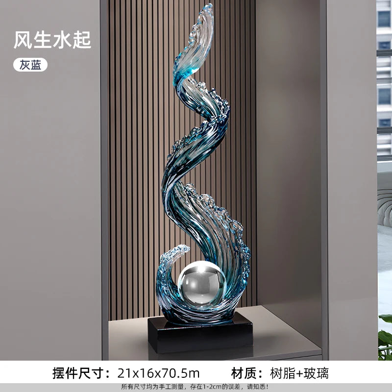 Home Decor Wind and Water Rising Decorations,Blue Resin Sculpture Luxury Living Room Entrance Vertical Art Decoration Customized