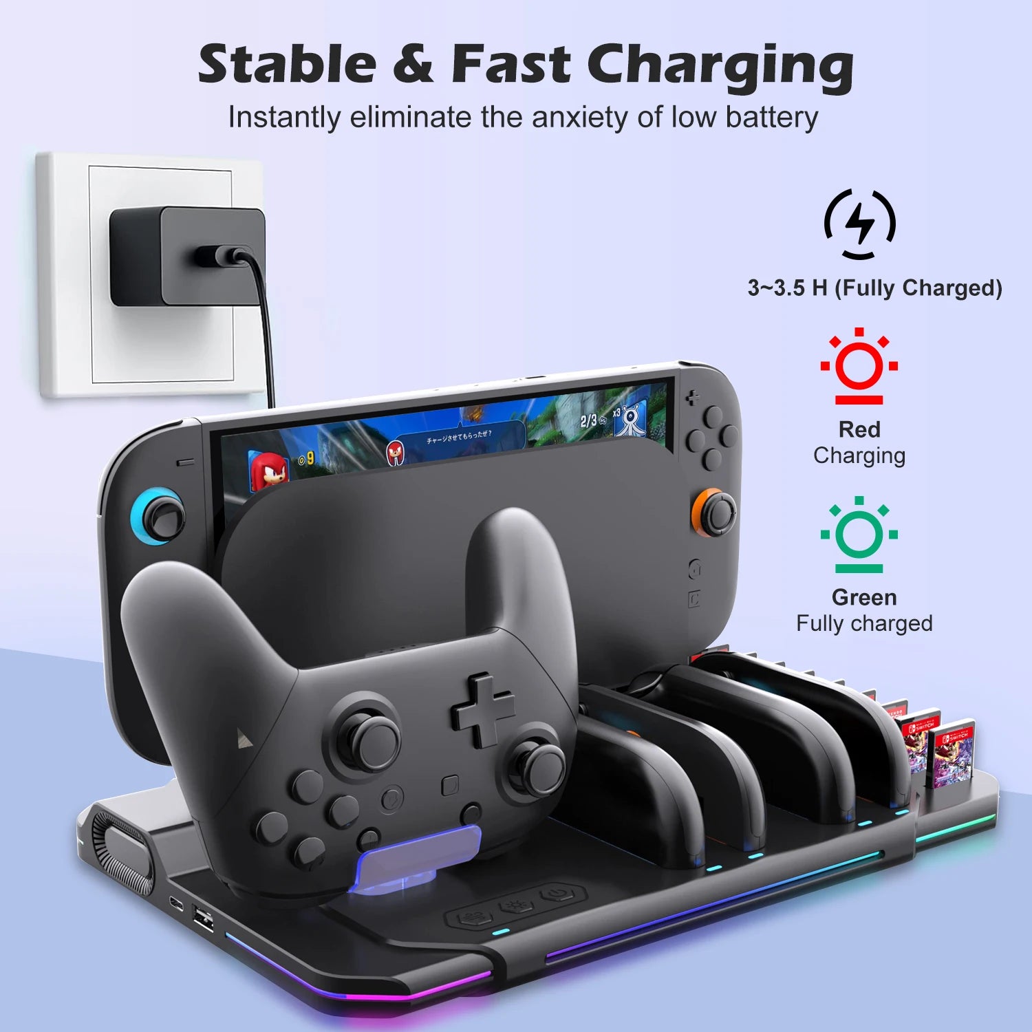 Multi-functional Cooling & Charging Stand SW2139 for Switch 2 with Cooling Fan,10 Game Card Slots & Offering 9 Adj Light Effects