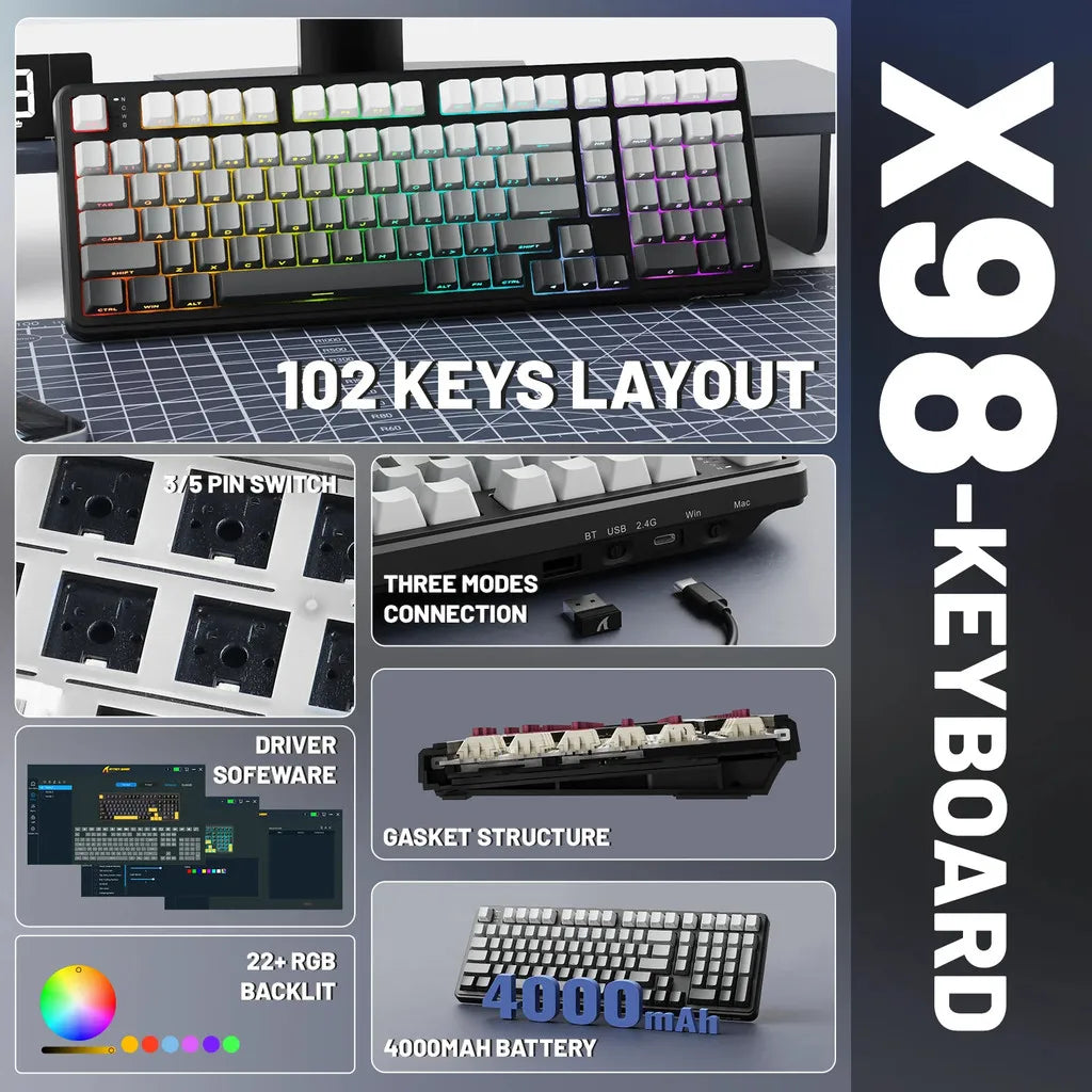 ATTACK SHARK X98 Full-size Wireless RGB Mechanical Keyboard Gasket Bluetooth/2.4G/Wired Hot Swappable NKRO 4000mAh Battery