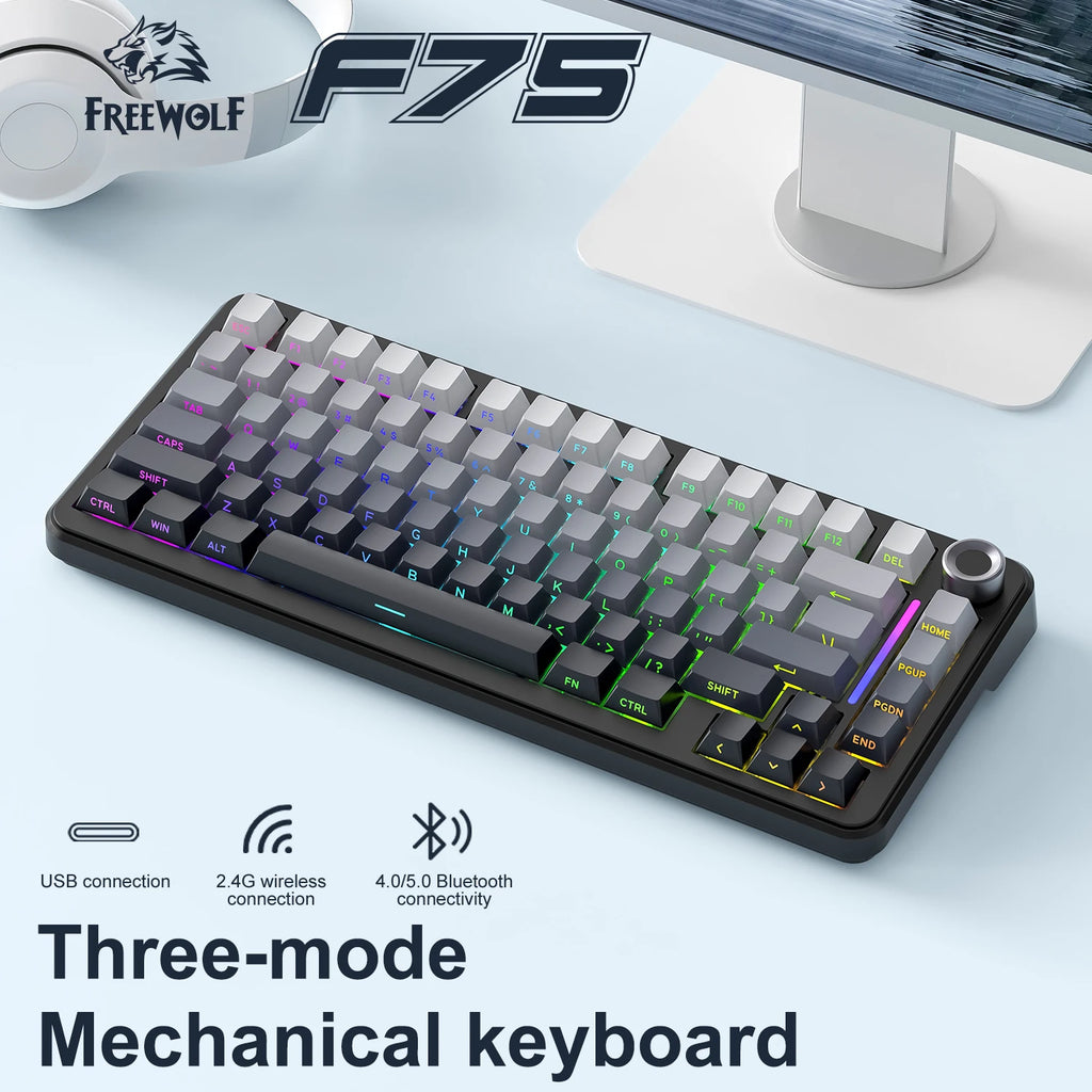 75 % Hot-Swap-Gaming-Tastatur, kabellos, FREEWOL F75 RGB, mechanische Tastatur mit Metallknöpfen, AULA F75, gleiches Modell, Tri-Mode, 4000 mAh