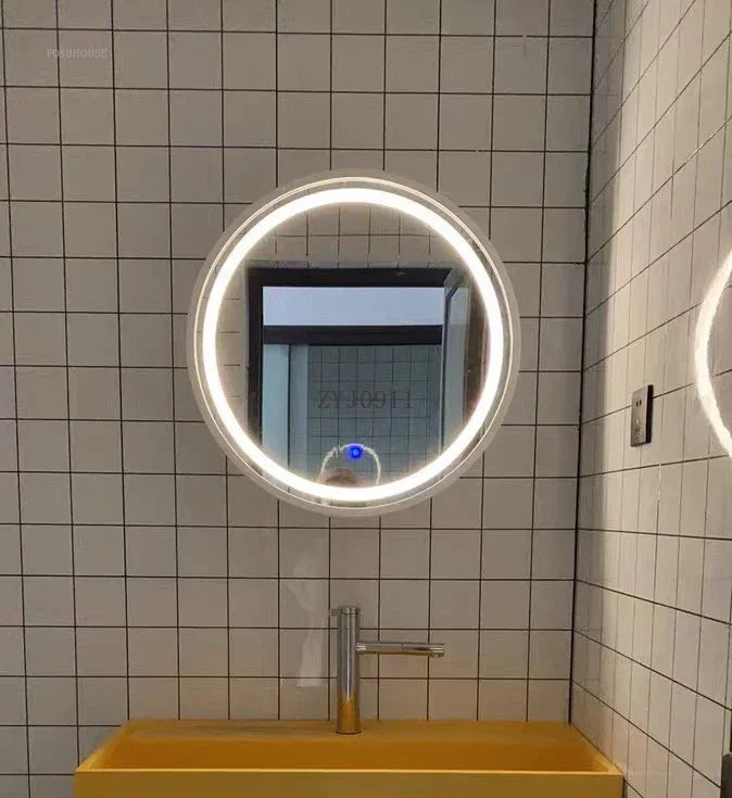 Nordic LED Smart Bathroom Mirror Cabinets Solid Wood Oval Bathroom Wall Hanging Round Vanity Mirrors with Storage Shelf b