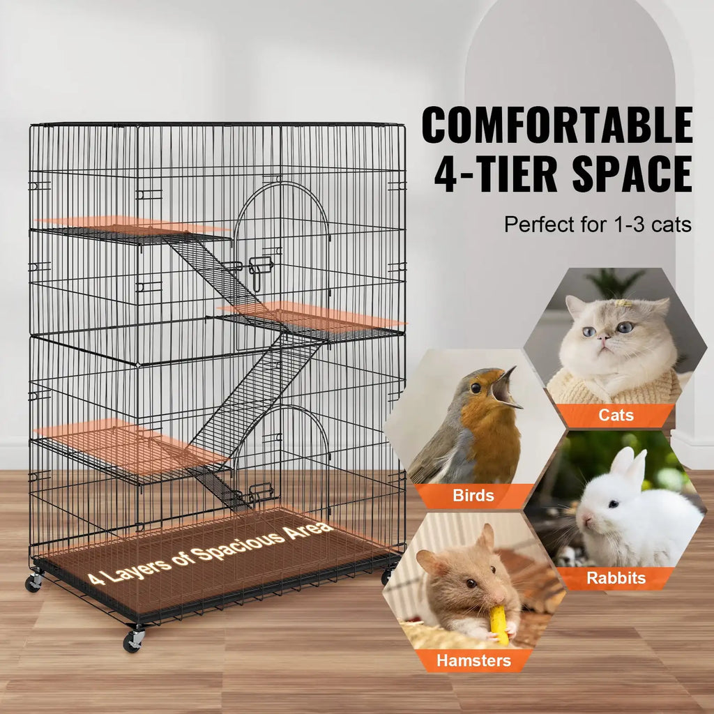 Catio, 4-Tier Large Cat Cages Indoor, Detachable Metal Playpen Enclosure with 360 Rotating Casters,