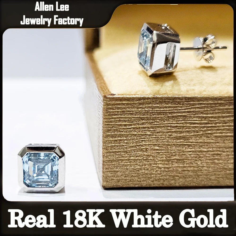 Custom Real Solid 18K White Gold Stud Earrings Women Engagement Anniversary Earrings Asscher Moissanite Diamond Earrings Square