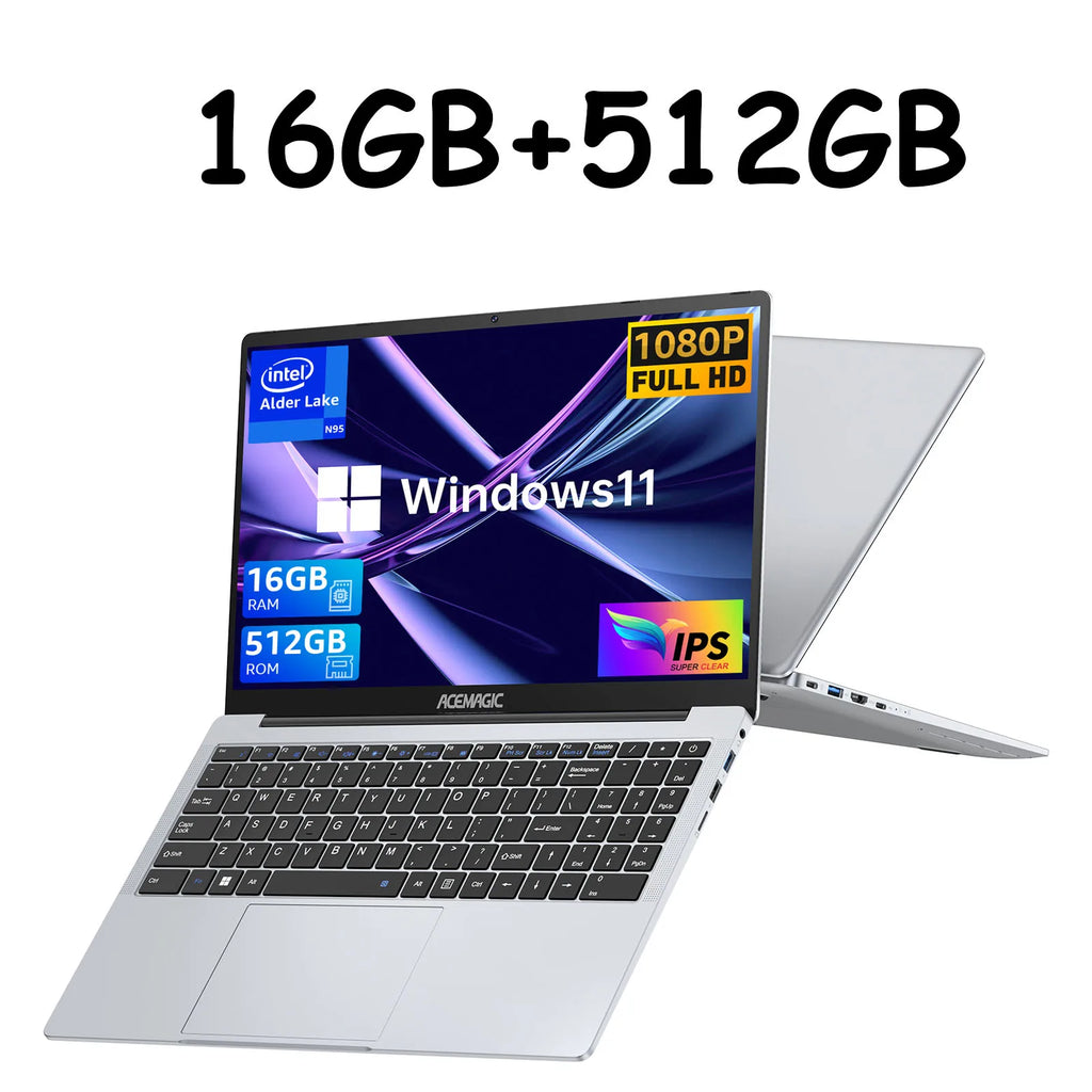 ACEMAGIC 15,6" Ultra Slim Laptop 16GB RAM 512GB SSD Intel N97 Notebook Gamer 1920*1080 Display Büro Studie Computer Windows 11