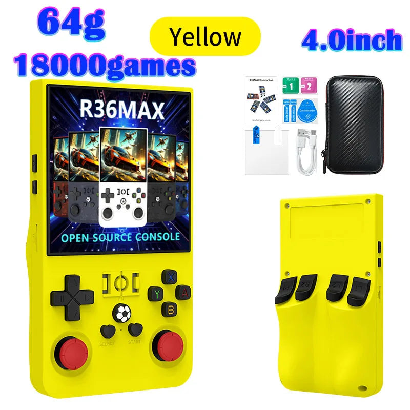 R36MAX Игрална конзола 64GB 128GB 18000+ ИГРИ Linux система 4.0-инчов K36 срещу R36S 3.5-инчов джобен видео плейър. Не е необходимо изтегляне.