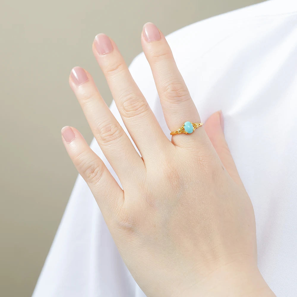 Natürlicher Türkis-Ring, 925er Silber, K vergoldet, verstellbar, stapelbare Bänder, 7 x 5 mm, oval, Dezember-Geburtsstein, Schmuck, Boho-Geschenk