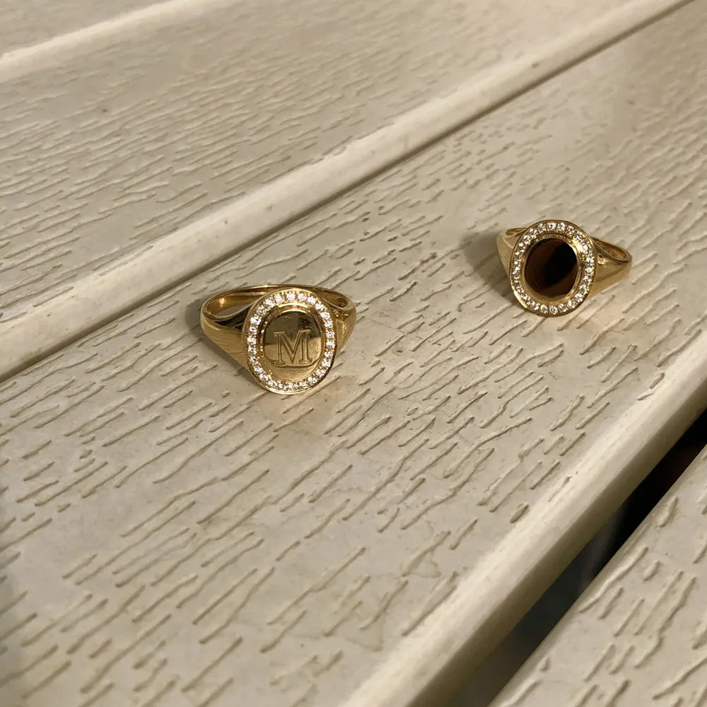 UBESTNICE Ins Popular Real 18K Solid Yellow Gold Jewelry AU750 Natural Diamond Seal Rings for Unisex Lovers Custom Letterring