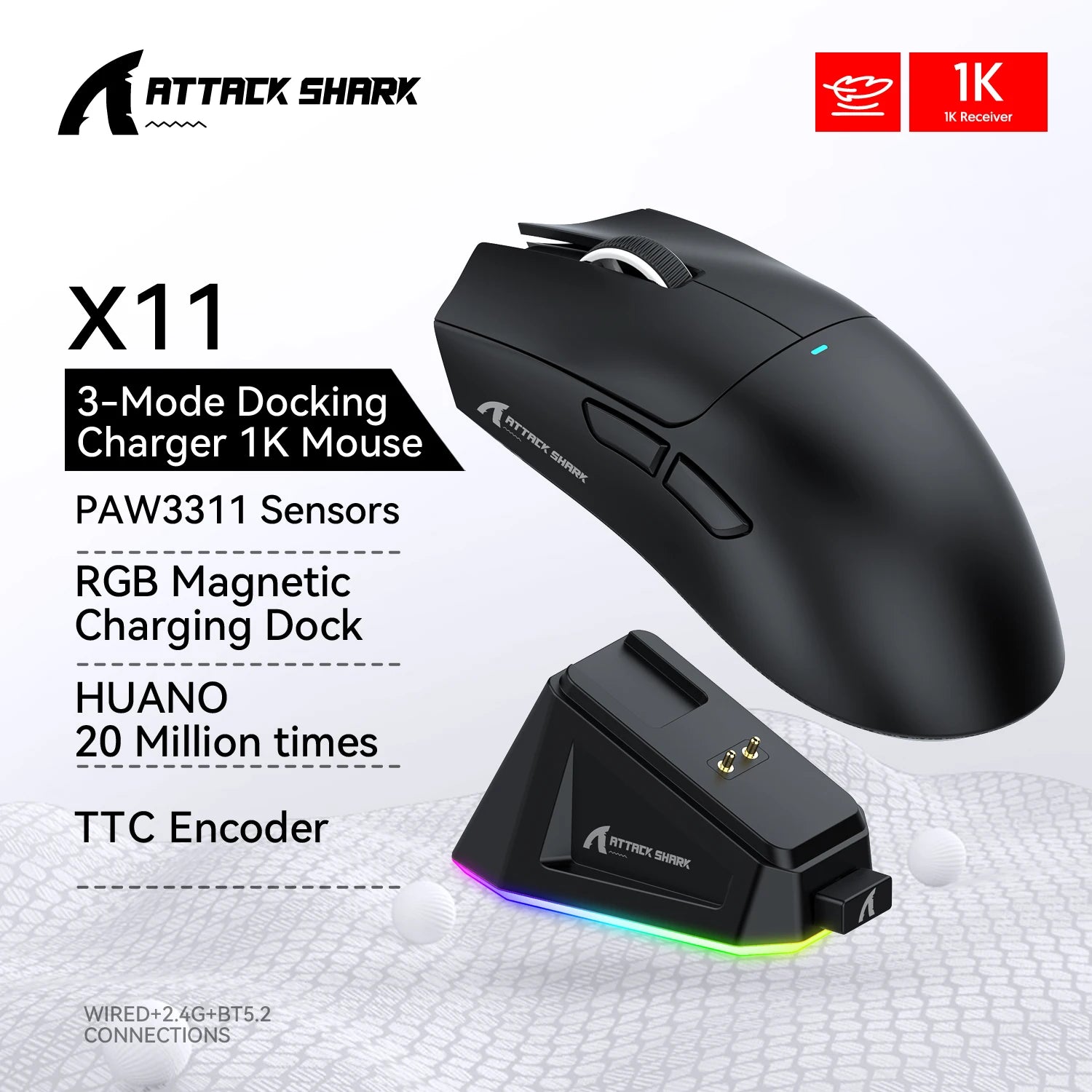 Attack Shark R1 X11 Wireless Gaming Mouse, 18K DPI PAW3311, Tri-Mode Bluetooth/2.4GHz/Wired, Lightweight, Macro Gaming Mouse