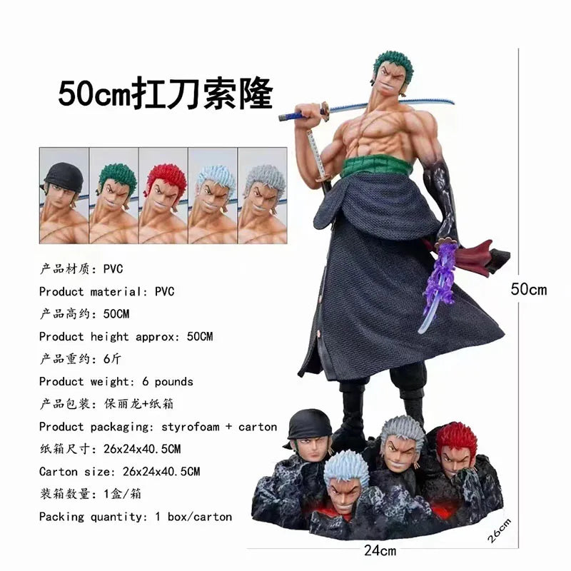 50 cm Anime One Piece Tragemesser Roronoa Zoro 5 Austauschbare Köpfe Statue Modell Figur Sammlerstück Ornament Spielzeug Geschenk