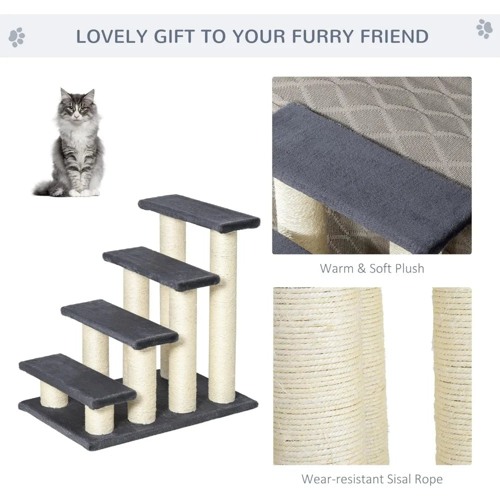 Cat Tree with 4 Steps for High Beds Couch, Cute Stair Shaped Cat Tree for Indoor Cats or Dogs w/Sisal Scratching Post, Climbing