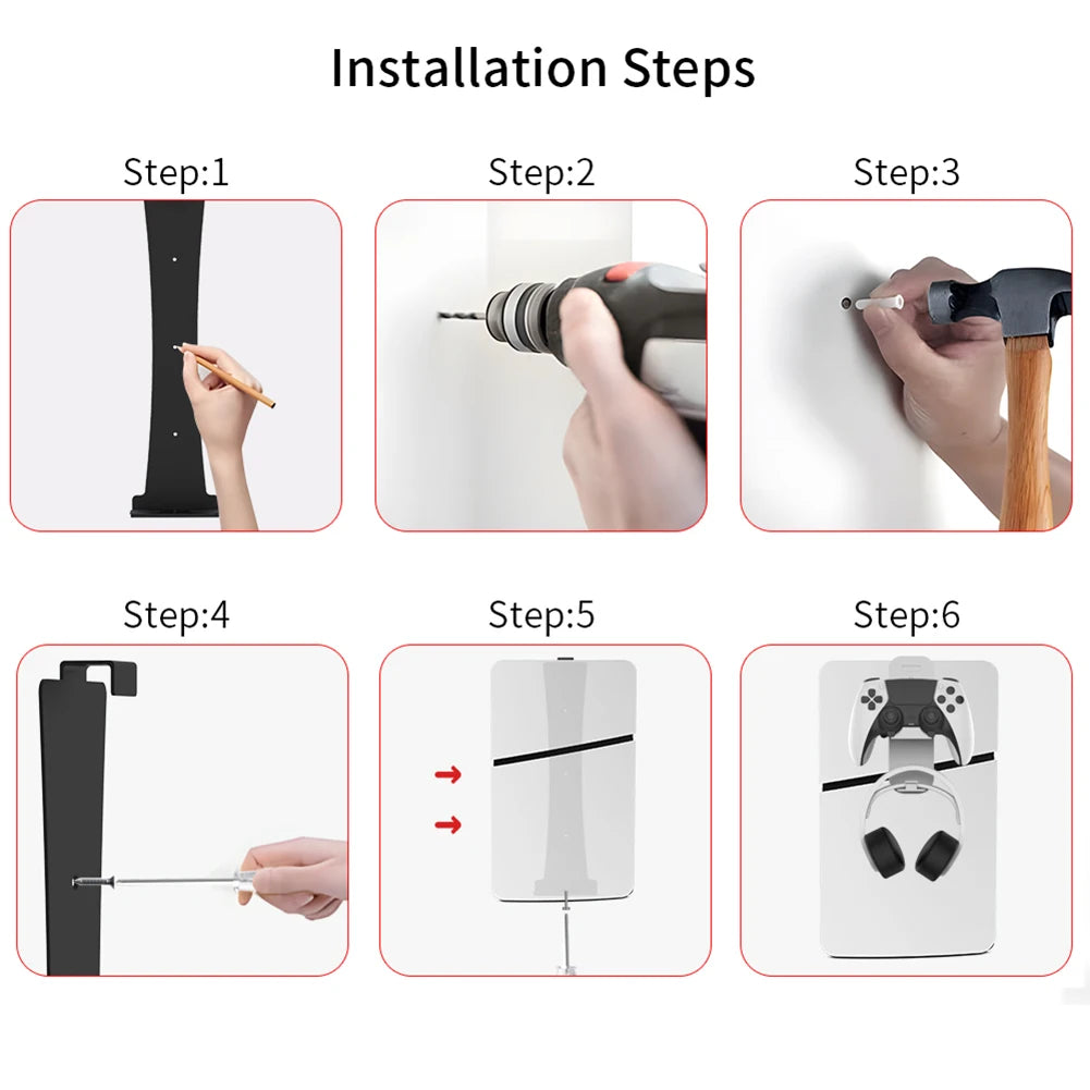 Space Saving Wall Mount Kit for PS5 Slim Console with Controller and Headset Hook for Organized Storage