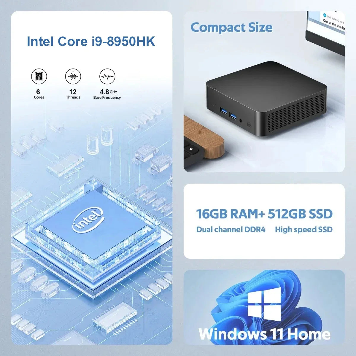 Tragbarer Mini-PC-Gamer Intel Core i9 8950HK Windows 11 Mini-Computer 16 GB DDR4 512 GB 1 TB SSD 1000 M Ethernet Gaming-PC-Desktop 