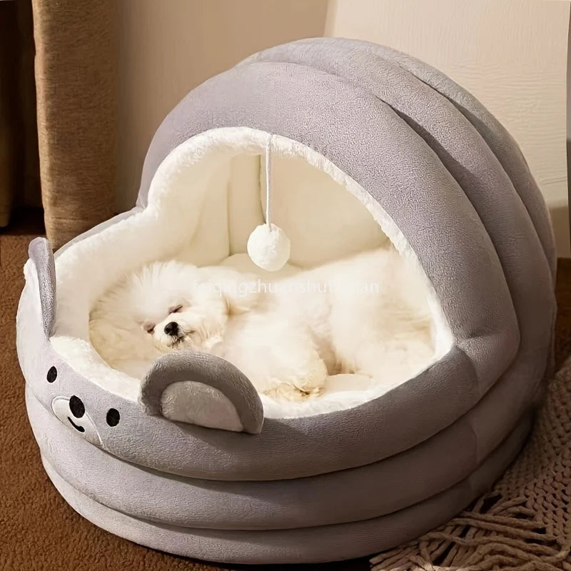Comfortable Plush Pink Plush Cat Bed Detachable Washable Padded Kitten House with Cute Rabbit Ears and Cute Hanging Balls