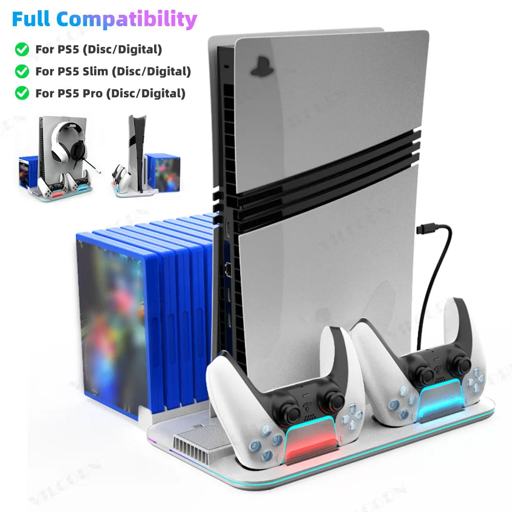 Cooling Stand For PS5/PS5 Slim/Pro Stand with Headphone Hook & Controller Charging Station for PlayStation 5 Console Accessories