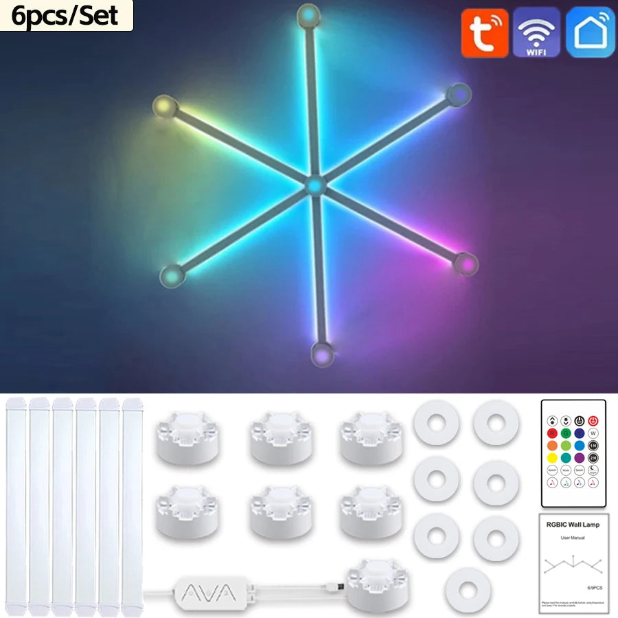 6/9PCS Splicing Smart Atmosphere Wall Light Combination DIY RGB Night Light Strip Room Computer TV Background Light Bar