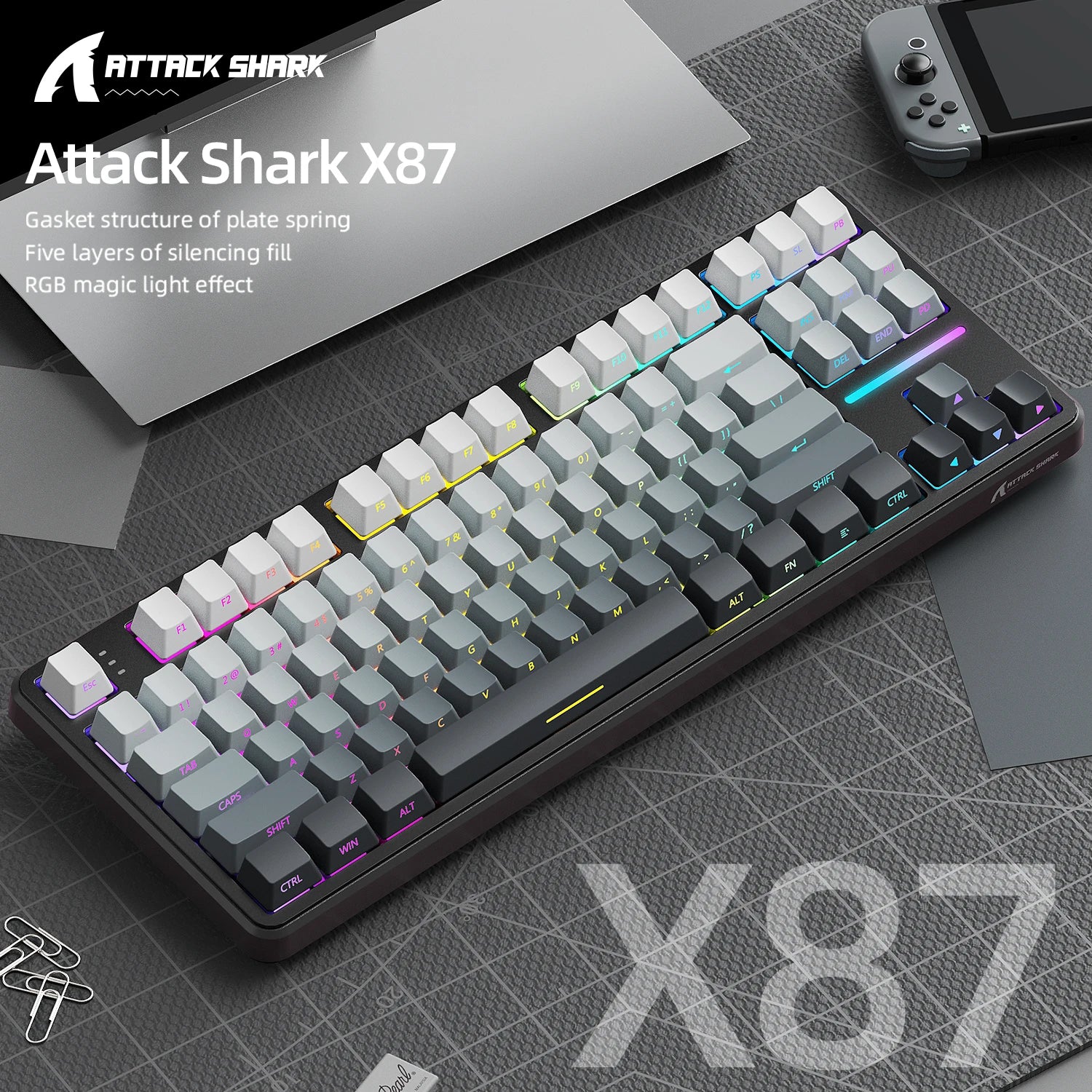Attack Shark X87 Macro Drive Gaming Keyboard,Bluetooth Side Engraved Translucent Character Mechanical Keyboard,RGB,Hot-Swap