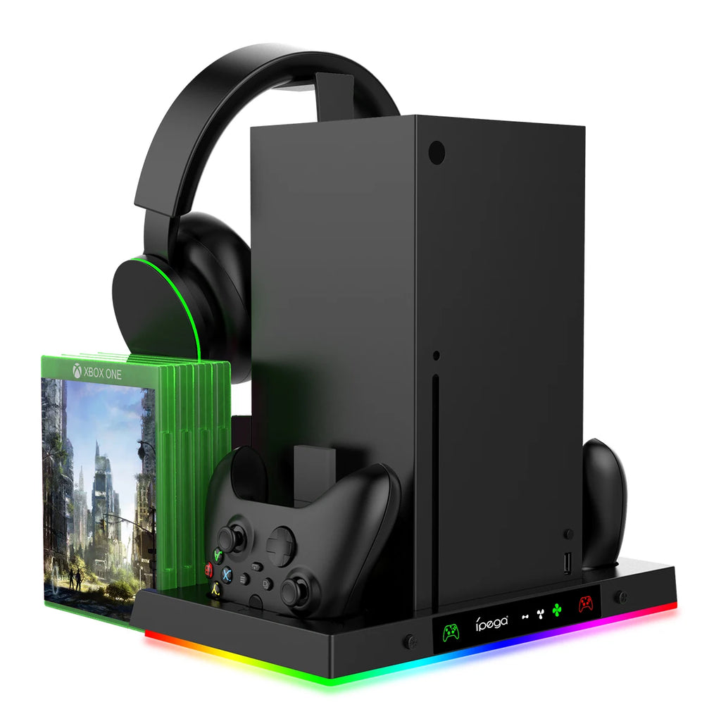 Lüfterständer und Ladestation für Xbox Series X-Konsole und -Controller mit 15RGB-Farblicht, Lagerung mit 3-stufigem Lüftersystem