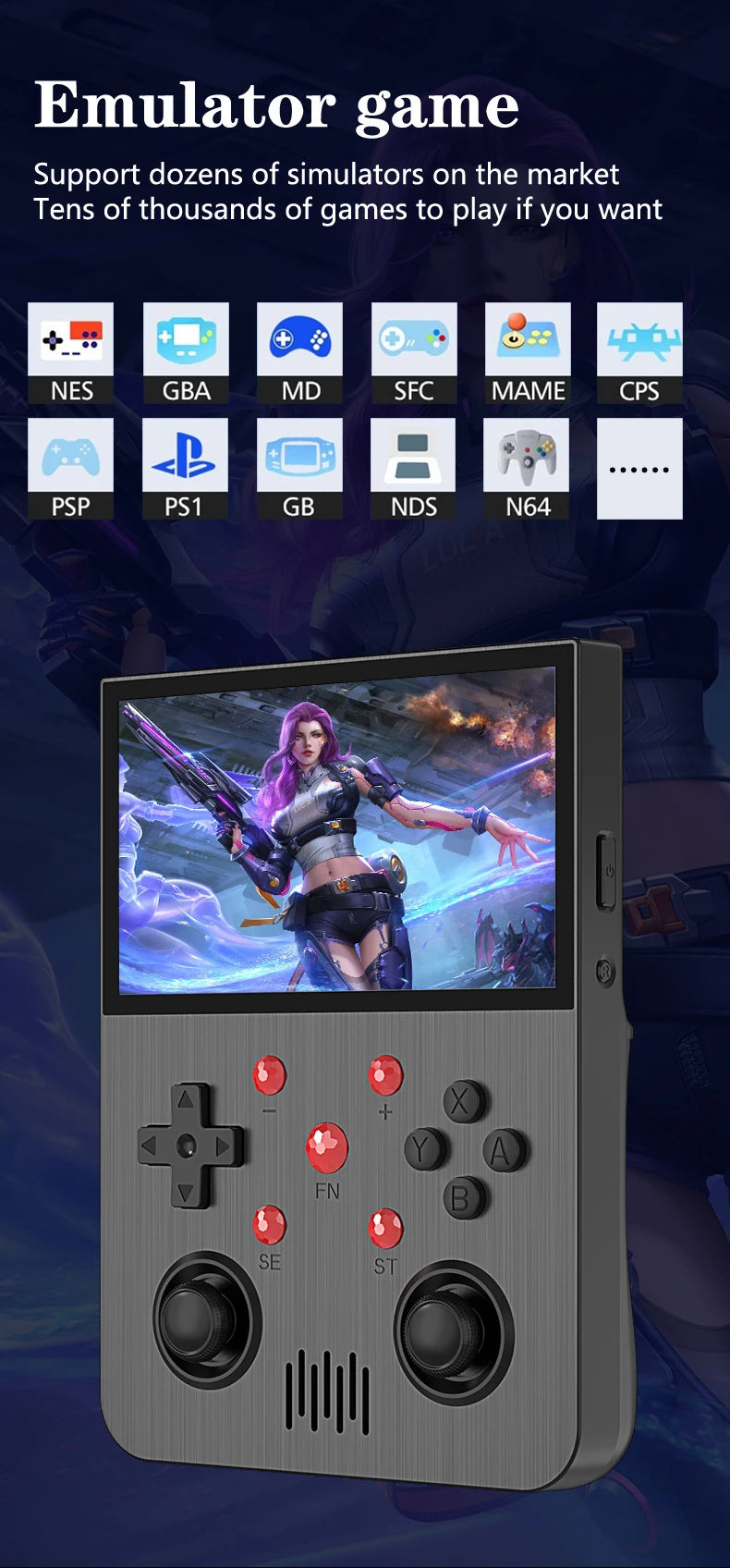 64G Handheld-Spielekonsole 4,3-Zoll-IPS-Bildschirm 3000mAh Akku Linux-System Retro Tragbare Videokonsole Geschenk