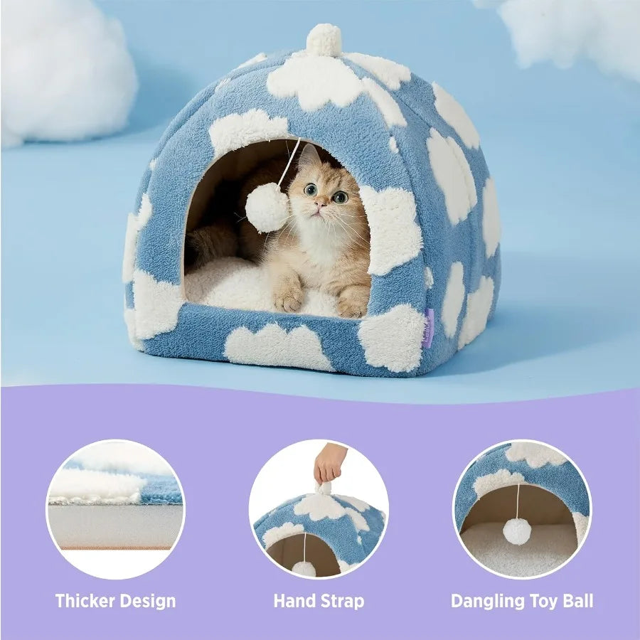 2 in 1 Cozy Cat Cave Bed for Indoor Kittens and Small Pets with Removable Washable Cushioned Pillow NonSlip Bottom Design Blue