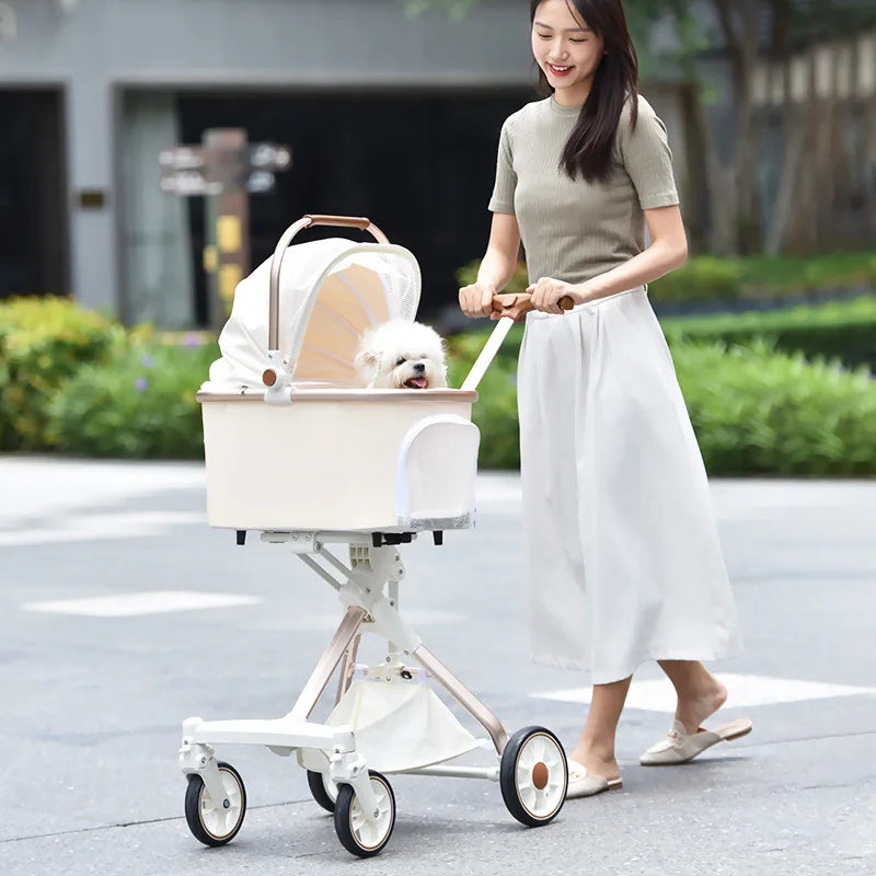 Foldable Strollers For Dogs Cats Milk White PU High Landscape Pet Stroller Outdoor Travel Pet Trolley Bearing Weight 15 KG