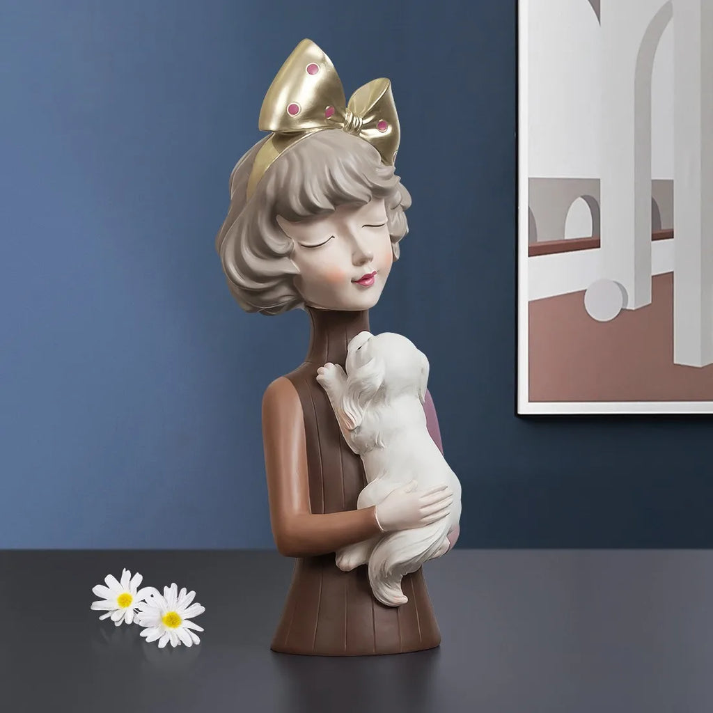 Modern Nordic Bow Girl Hold Cat Hold Dog, Room Decoration Accessories, Dressing Table Crafts, Statue, Sculpture, Birthday Gift