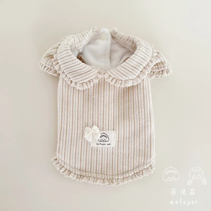 Autumn Winter Striped Lace Doll Collar Base Shirt Cute Corduroy Drawstring Vest Plush Bubble Sleeves Shoulder Strap Skirt Set