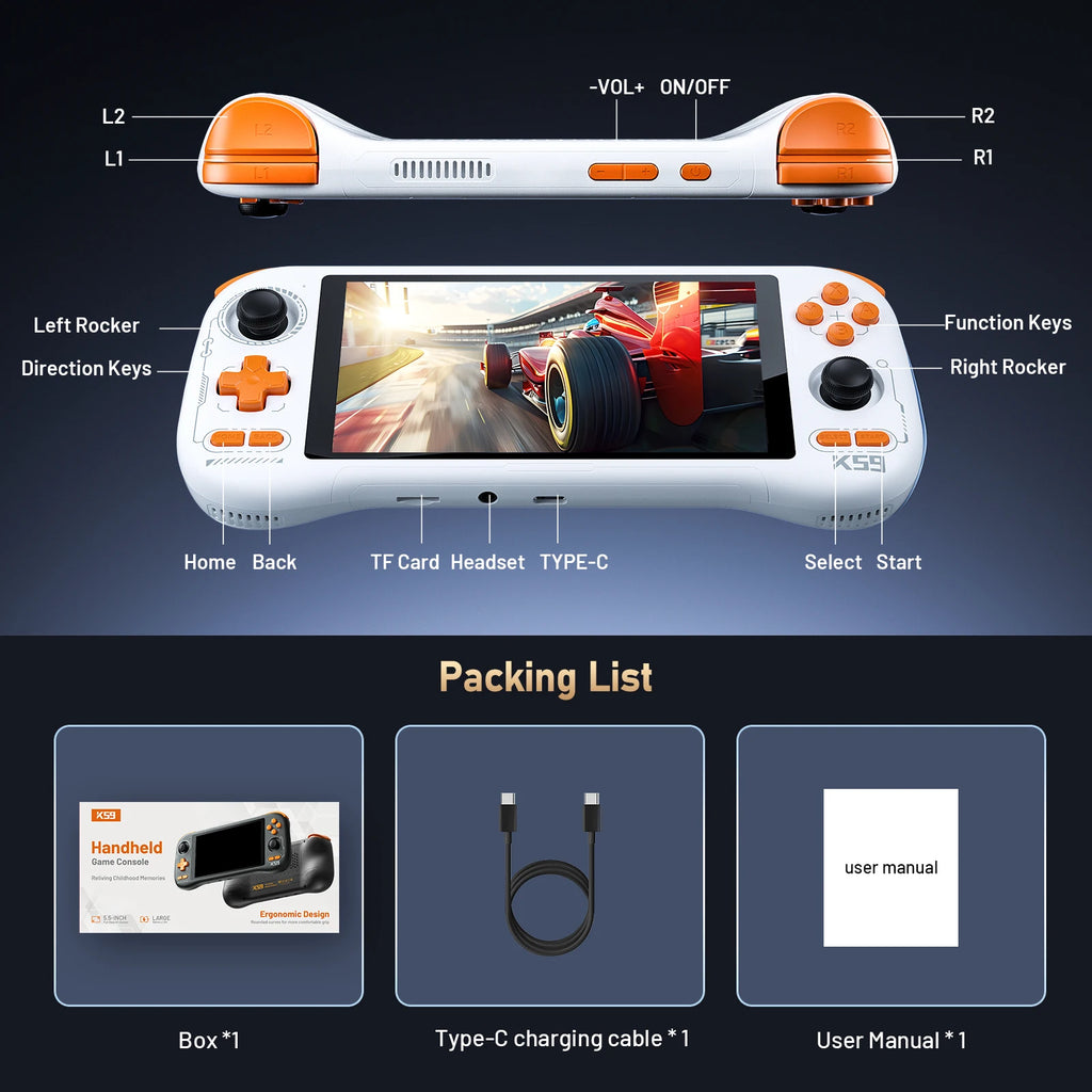 K59 Handheld Game Console 5.5'' 1080P Screen 50 Emulators for PS1/PSP/DC/SS Android14 5000mAh WIFI5 KINHANK Retro Game Player