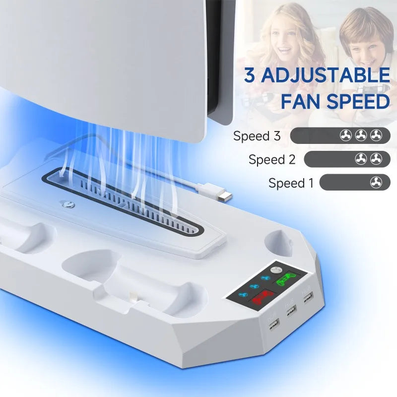 For PS5/PS5 Slim/PS5 Pro Stand with Headphone Hook Cooling Stand & Controller Charging Station for PS5 with 3 Levels Cooling Fan