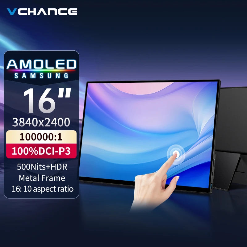 VCHANCE 16 Zoll Oled 4K UHD Touchscreen Tragbarer Monitor 100% DCI-P3 HDR Erweitern Sie das Bürodisplay für PC, Laptop, Telefon, XBox, Switch